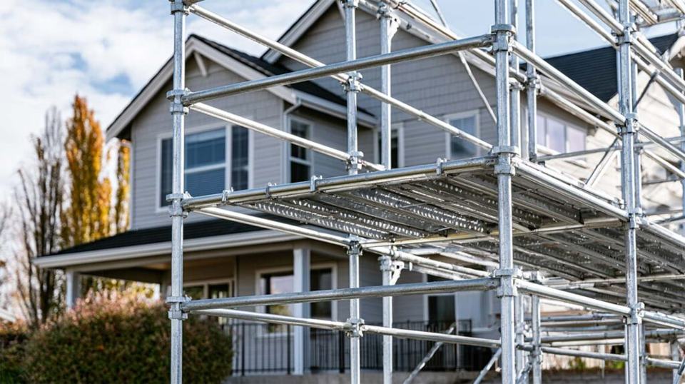 Ställning i lättmetall vid ett ljust trähus